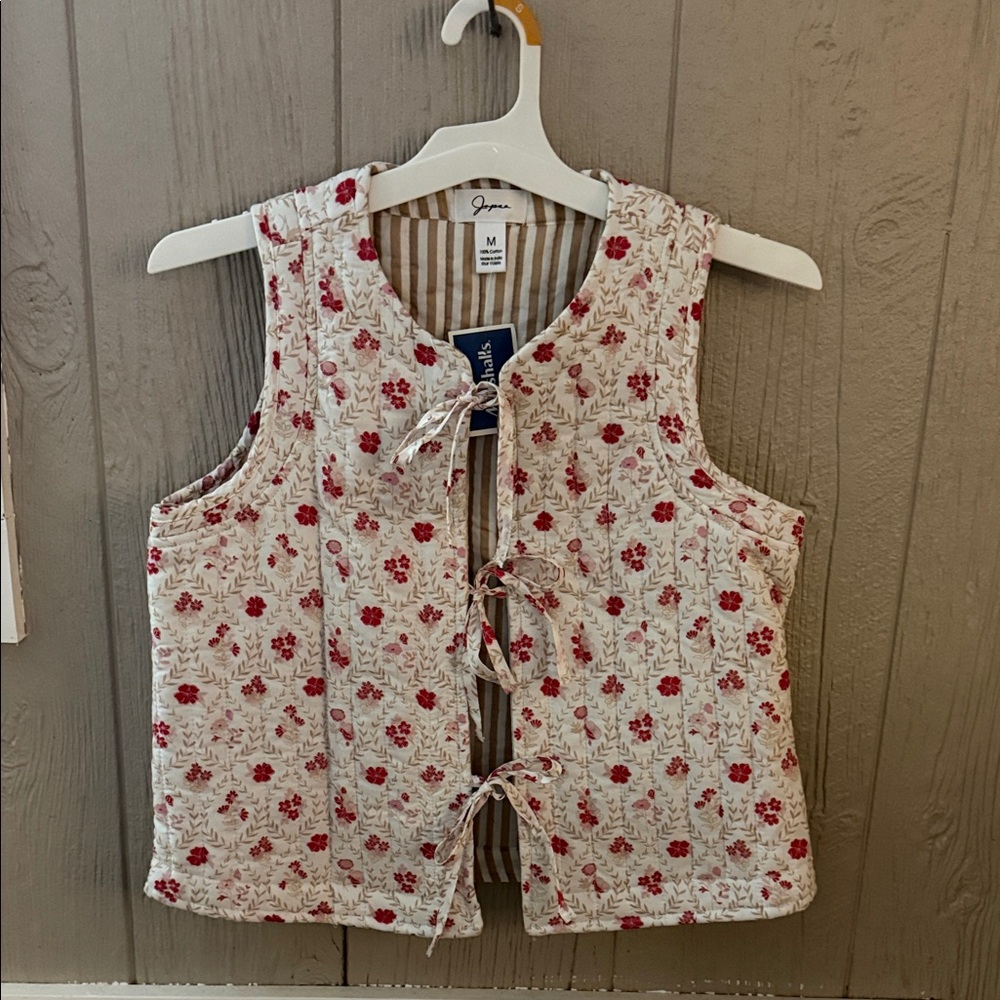 J. Crew Floral Quilted Vest with Red Accents